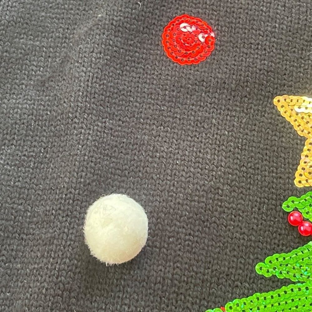 Holiday Time Sequin Christmas Tree Sweater L Ugly X-Mas Pullover Bells Pom Poms - Picture 4 of 10